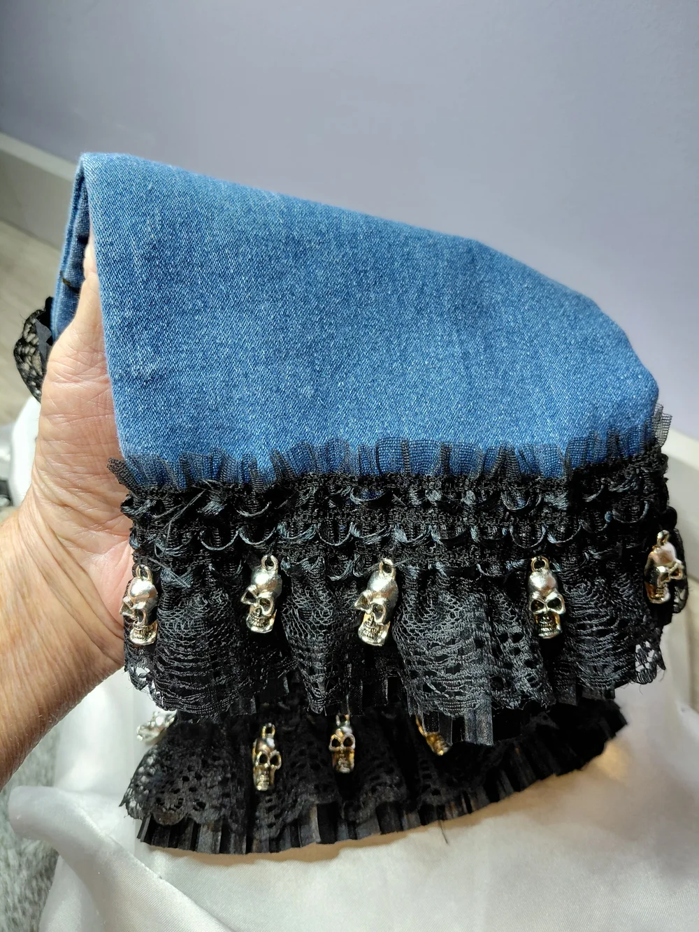 SKULL Black Lace-Trim Denim Arm Warmers - Women's Accessories